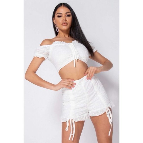 White Lace Short Sleeve Off Shoulder Crop Top and Shorts Two Piece Set - Picture 12 of 14